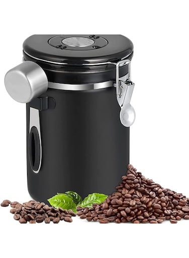 Airtight Coffee Canister,sealed storage tank, Food Storage,Stainless Steel Coffee Container with spoon and date recorder,Super tightness,1.8L,Black.