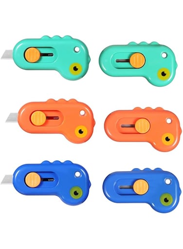 Mini Box Cutter, Retractable Utility Knife Letter Opener Paper Envelope Portable Cutter with Hole for Home Office and DIY Project, Cute Dinosaur Shape, Utility Cutter for Shrink Wrap Boxes(6 Pieces)