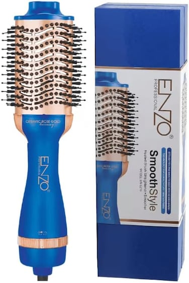Enzo EN-6213 Electric Ion Hot Air Brush, 2-In-1 Hair Dryer And Styler With Ionic Technology, Ceramic Brush, Adjustable Heat And Speed Settings, Intl Version (Blue)