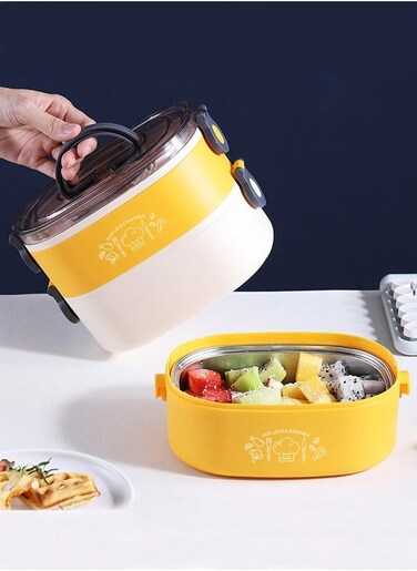 2-Layer Lunch Box 304 Stainless Steel Bento Box with 3 Compartments 1200ML Food Box For Children &amp; Adults Yellow/White