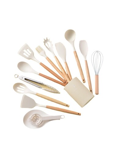 Chef Kitchen Cooking Utensils Set, 14 pcs Non-Stick Silicone Cooking Kitchen Utensils Spatula Set with Holder, Wooden Handle Silicone Kitchen Gadgets Utensil Set