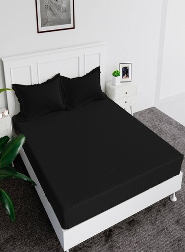 Fitted Bed Sheet +2Pcs Pillow Covers, King/Queen/Double/Single Sizes, Color Black