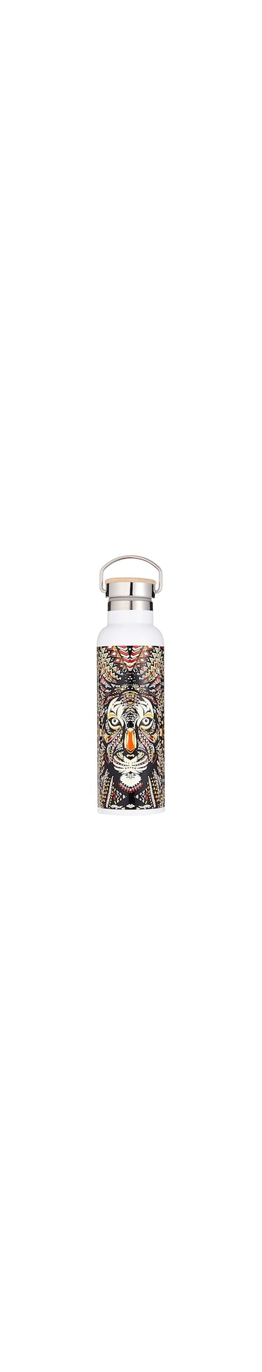 Green Lion Pattern Stainless Steel Portable Water Bottle 600ml / 21oz with Handle, Double Vacuum Wall, Smudge Resistant, Scratch Defense, &amp; Condensation Proof, Wood Lid - Lion