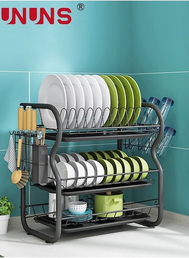 Large Dish Drying Rack, 3 Tier Dish Rack with Tray Utensil Holder &amp; Cup Holders, Large Capacity Rustproof Dish Drainer, Drain Board Tray for Kitchen Counter Organizer Storage for Kitchen Counter