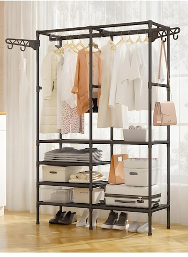 Freestanding 2-Section Heavy-Duty Metal Garment Rack with Shelves &ndash; Black Multi-Functional Closet Organizer with 360&deg; Rotatable Side Hooks, Shoe Storage, and Hanging Space for Bedroom or Entryway