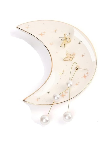 Kangce Jewelry Tray Trinket Dish 1pcs Platter Display Stand Food Plate Necklace Platter Rings Storage Plate Porcelain Ceramics Moon Shape-White
