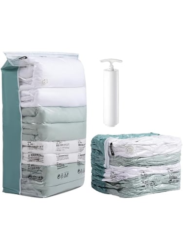 FoxCyllene 6-Pack Reusable Vacuum Compression Storage Bags Set, Sizes: 2 Jumbo Cuboid, 1XL, 1L, 1M, 1S, For Home And Travel Clothes, Quilts, Pillows (6 bags + 1 hand pump)
