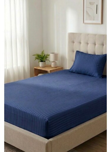 Cotton 2-Piece Microfiber Single Fitted Sheet Set &acirc;&euro;&ldquo; Navy Blue Striped 90&Atilde;&mdash;190 cm with Full Elastic &amp; 1 Pillowcase