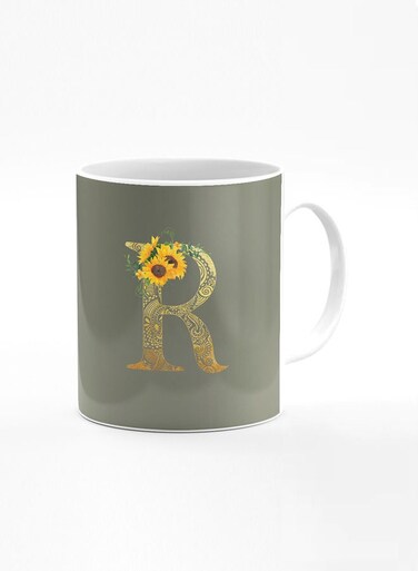 Designer Printed Coffee Mug 11oz Ceramic Personalised Gift Mugs Cup Custom Monogram Initial Letter Mandala Floral Pattern Alphabet R (Olive Green)