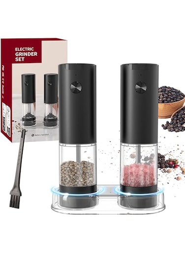 JRONGHE Electric Salt and Pepper Grinder 2 Pcs Set Battery Operated, Automatic Salt and Pepper Mills,Transparent visual silo, Adjustable Coarseness,One Handed Operation with LED Light and Base