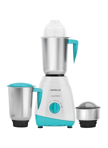 Havells 500W Aspro Neo Mixer Grinderwith 1.5L Liquidizing, 1.5L Wet and Dry, 0.4L Chutney Jar, White and Blue