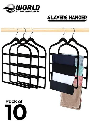 Pack of 10 Non-Slip Clothes Hangers with 4 layers, The Ultimate Space-Saving Solution for Organizing Trousers, Skirts, Coats, Dresses, and Tank Tops Effortlessly