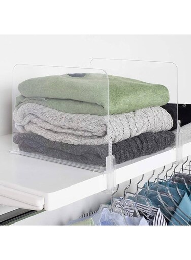 Acrylic Shelf Divider Clear Set of 2 - Transparent Closet Organizer for Wardrobe, Cabinet, Kitchen Shelf - Acrylic Shelf Separator for Clothes, Bags, Towels, Stack Organization