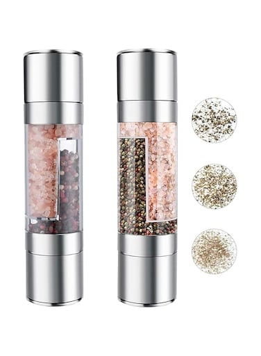 2pcs salt and pepper grinder set 2 in 1 Stainless Steel Pepper Mill and Salt Mill With Adjustable Coarse Mills Sea Salt, Black Pepper, Fits in Home, Kitchen, Barbecue