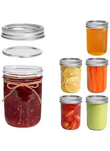 Premify 8 oz 6 Pack Mason Jars With Lids And Labels- Wide Mouth Glass Canning Jars, Airtight Storage Jars For Overnight Oats, Salads, Sourdough Starter, And More-Includes Measurement Marks And Bands