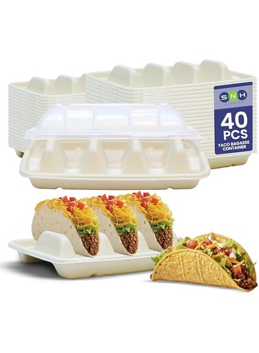 SNH Packing (Pack of 40 Pcs) Disposable Taco Holder Tray with Lid 3 Compartments Sugarcane Bagasse Taco Plates or Stand Up Divider Perfect For Soft/Hard Shell Tacos Microwave &amp; Freezer Safe