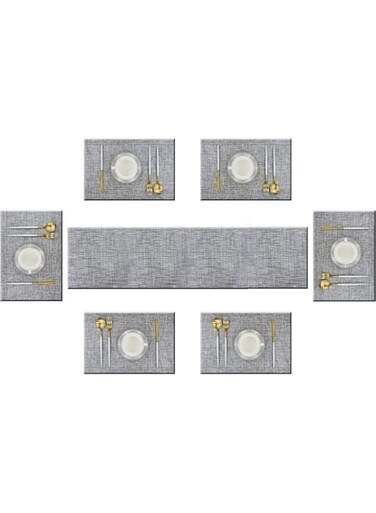 Bright Dream Table Runner and Placemats Set of 6 Kits Long Modern for Dinner Table Colorful Woven Vinyl Heat-resistand (1 Table Runner and 6 Placemats, Smoky Gray)