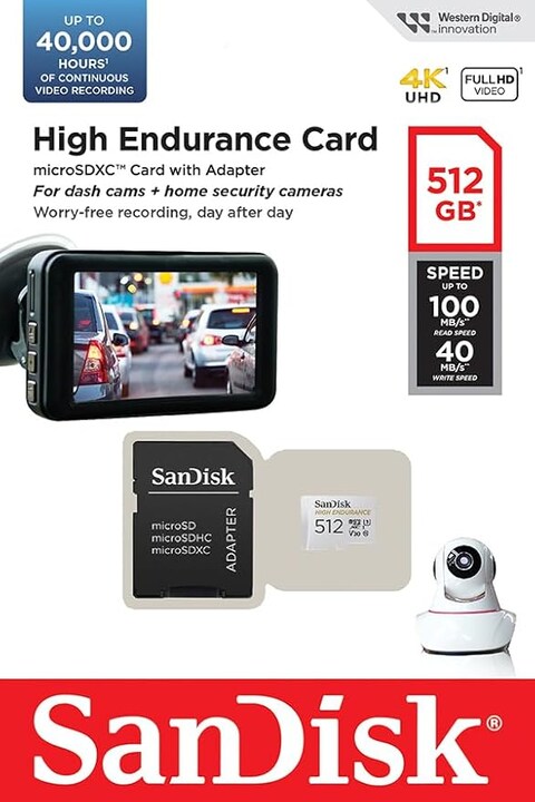 SanDisk 512GB High Endurance Video microSDXC Card with Adapter for Dash Cam and Home Monitoring Systems - C10, U3, V30, 4K UHD, Micro SD Card - SDSQQNR-512G-GN6IA
