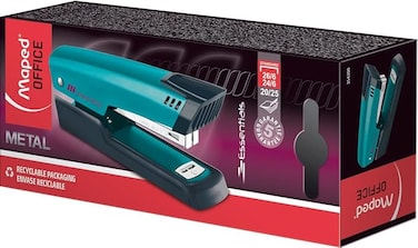 Maped - Essentials Deco 24-26/6 Stapler - for 20/25 Sheets - Glossy Varnish Surface in Trendy Turquoise - Mechanics and Guide Elements 100% Made of Metal - 2 Types of stapling: Closed and Nailed
