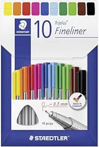 Staedtler Triplus Fineliner Triplus, Ergonomic Triangular Shape, Superfine 0.3 mm Tip, Long Life, Dry Safe, PP Shaft, Mix and Match, 10 Fineliner Pens in Cardboard Cushion Case, 334 C10