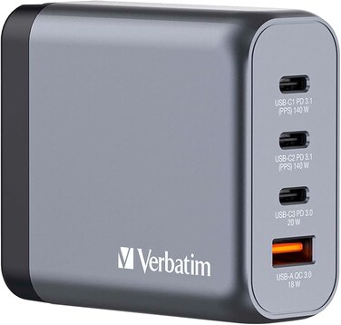 Verbatim GaN Charger 140 W, 4 Ports USB-C Charger, Power Adapter with 3 x USB-C and 1 x USB-A, Fast Charger as Multiple Plug, for Apple MacBook, Notebook, iPad, iPhone