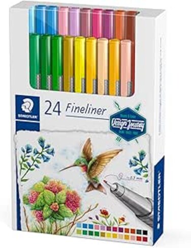 STAEDTLER Triplus Design Journey 334 C24-C Fineliner Pens Ergonomic Triangular Shaft, Metal-Cased 0.3 mm Tip, Long Life, 24 Fineliners in Assorted Colours in Cardboard Case