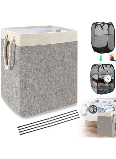2PCS Laundry hamper, 135L folding laundry hamper, laundry storage bag with handles for laundry, bathroom, living room, bedroom, storage and organization（Beige with gray）