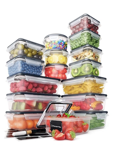 TYCOM 16 Piece Food Storage Containers Set with Easy Snap Lids 16 Lids +16 Containers- Airtight Plastic Containers for Pantry &amp; Kitchen Organization - BPA-Free Food Containers Free Labels &amp; Marker