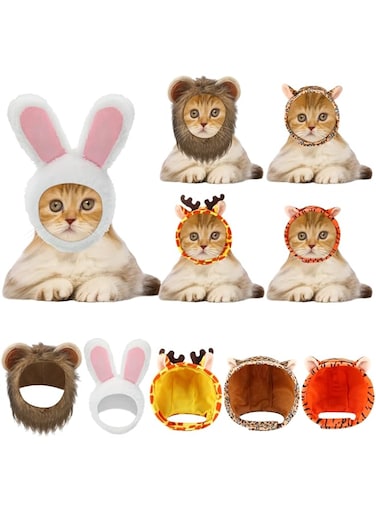 Weewooday 5 Pcs Cat Hat Adorable Costume Bunny Hat with Ears Funny Mane Cat Hat for Cats and Small Dogs Kitten Puppy Party Costume Accessory Headwear (Rabbit, Lion, Leopard, Tiger, Giraffe)