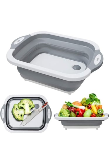 Multifunction Chopping Board, Collapsible Dish Tub Basin Cutting Board Colander, Vegetable Fruit Wash And Drain Sink Storage Basket, Space Saving For Kitchen Home (Grey)