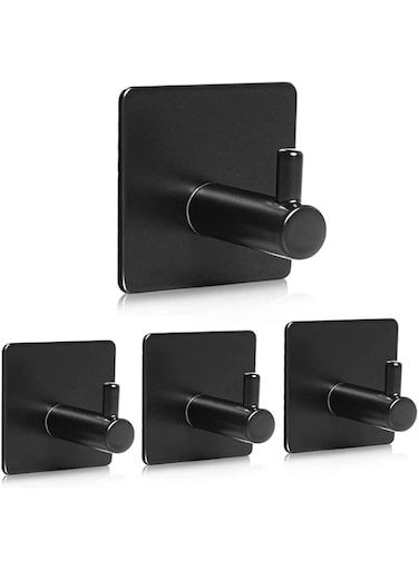 NEEMAY Hooks Adhesive Wall Hooks Bathroom Hanger Self-adhesive Heavy Duty Towel Shower Hooks Wall Mount Stick On 304 Stainless Steel Hooks for Hanging Towel,Coat,Key Home Kitchen, 4 Pack (Matte Black)