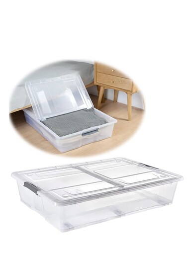 55L Plastic Storage Box With Dual Lid &amp; Wheels   Slim Under Bed Plastic Organizer &acirc;&euro;&ldquo; Stackable Transparent Box Storing Clothes, Toys, Shoes, Tools, Medicine, Office Supplies, Crafts, Kitchen