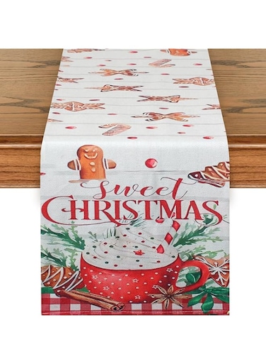 T Tersely Christmas Decorative Table Runner with Gingerbread Man Cream Dessert Pattern on White Base for Christmas Table Kitchen Decoration Family Gathering 33*183CM (Gingerbread Man)