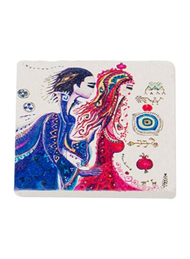 Hittite Bride Themed Limbra Natural Stone Coaster White/Blue/Red 10x10cm