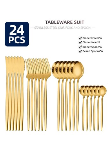 24-Piece Silverware Set, Stainless Steel Flatware Tableware Set for 6, Eating Dinner Utensils for Home Restaurant Party, Include Spoons, Fork, Knife, Square Edge &amp; Mirror Finish, Dishwasher Safe