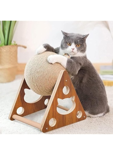 NARCES Cat Scratching Ball, Wood Cat Stuff with Ball, Cats Scratching Rope Ball Interactive Rotatable Solid Wood Pet Scratcher Toys for Indoor Cats Kittens (M)