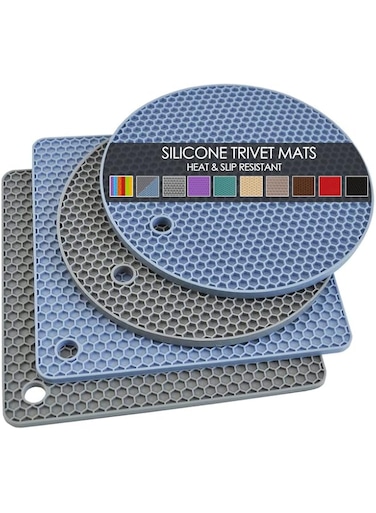 Trivets for Hot Dishes, 4 Pack Silicone Hot Pads Pot Holders for Kitchen, Non-Slip Heat Resistant Silicone Mat for Countertops, Spoon Rest, Multipurpose Food Grade Thick Silicone Trivet, Gray&amp; Blue