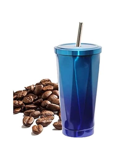 500ml Stainless Steel Travel Tumbler with Leakproof Lid and Straw, Vacuum Insulated Coffee Cup for Hot or Cold Drinks, Reusable Office and Car Mug (Black &amp; Blue)