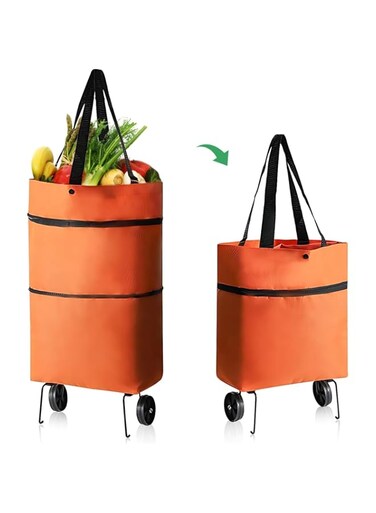 Azonee Shopping Trolleys, Shopping Bag with Wheels Portable Trolley Bags Grocery Cart Hand Pulling Utility with Hand Straps Folding Shopping Cart Reusable Collapsible Trolley (Orange)