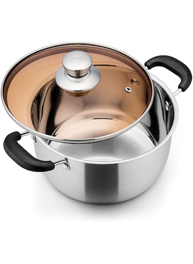 E-far 4 Quart Stock Pot, Stainless Steel Metal Soup Pot with Glass Lid for Cooking, Healthy &amp; Rust Free, Heavy Duty &amp; Dishwasher Safe