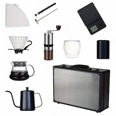 Tradeo Portable Coffee Travel Set with Grinder, Kettle &amp; Dripper Complete Brew Kit