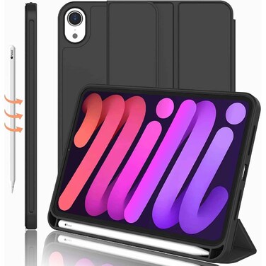 ZOOMEE iPad Mini 7 Case 2024 (A17 Pro), iPad Mini 6 Case (8.3-Inch,2021 Model), iPad Mini 7th/6th Generation Case with Pencil Holder, Trifold Stand Smart Case with Soft TPU Back (Black)