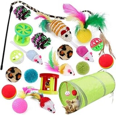 ANTOLE 21Pcs Cat Toys Kitten Toys Assortments Cat Interactive Toy, Tunnel Balls Fish Feather Teaser Wand Mice for Cat Puppy Kitty