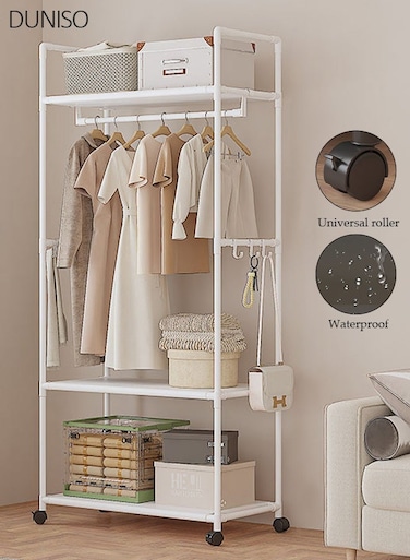 Clothes Rack Clothing Drying Rack, Rolling Garment Rack for Hanging Clothes, Small Metal Pipe Stand Coat Racks on Wheels with 2 Tier Shelves and Hooks