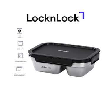 LocknLock Stainless Steel Stackable Divided Food Container Rectangle 1L &ndash; Four-Side Locking Lid, Durable &amp; Leakproof, Oven &amp; Freezer Safe