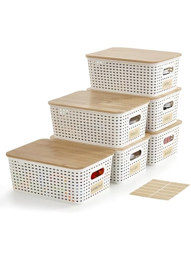 Supreouts 6 Pack of Plastic Storage Bins with Bamboo Lids, Stackable Box Basket Pantry Decorative Containers Cute with Lable for Organizing Desktop Closet Office Cream White