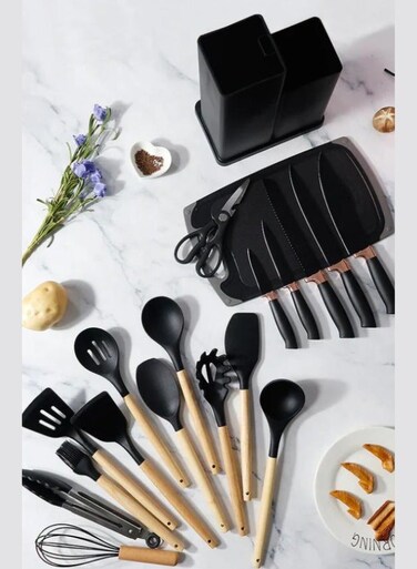 Pcs Kitchen Cooking Utensils and Knife Set with Block, Include 11 Pcs Silicone Cooking Utensils Set 5 Pieces Sharp Stainless Steel Chef Knives Scissors Whisk Tongs and Cutting Board(Black)