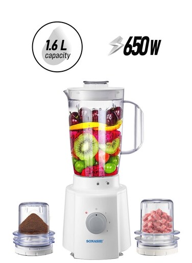 Sonashi 3 in 1 Blender - Powerful Motor, 3 Speed Setting, Pulse Control, Transparent and Unbreakable Jars, Stainless Steel Blade, Overheat Protection, Safety Lock System 1.6 L 650W SB-133N White/Clear