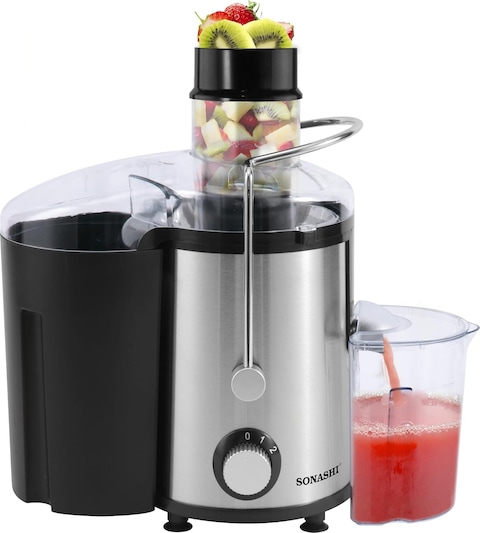 Sonashi Juice Extractor With 2 Speeds - 1.6L Capacity, 500ml Juicer Cup, Whole Fruit Juice Extractor, Power Juicer Machine for Fresh Juices, Motor Overheat Protection, 800W, SPJ-501N, Black/Silver