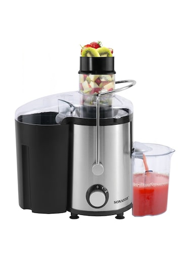 Sonashi Juice Extractor with 2 Speeds - 1.6L Pulp Container, 500ml Cup, Whole Fruit Juice Extractor with Stainless Steel Body &amp; Filter Basket, Motor Overheat Protection 800W SPJ-501N Black/Silver